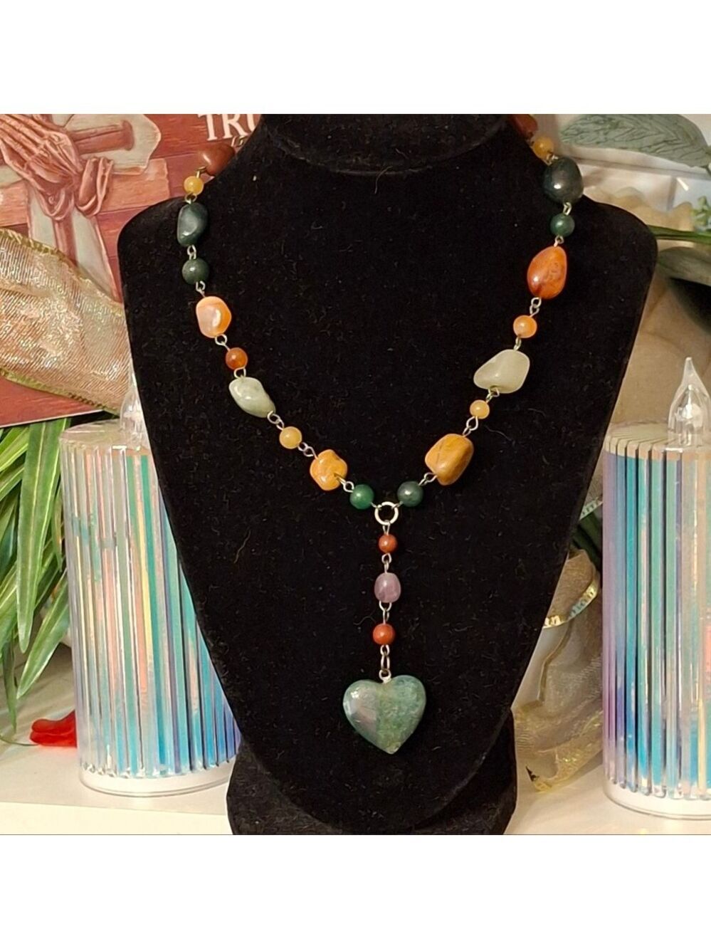 Chic Boho Heart Y Pendant Necklace with Natural Stones Bead Vintage